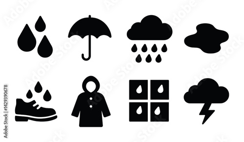 Weather and climate solid icons set – silhouette style meteorology, forecast, and precipitation symbols for weather updates: raindrop, umbrella, cloud, raincoat, storm, lightning.