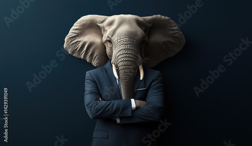 Surreal human-elephant hybrid in dark blue suit with crossed arms against monochrome background.