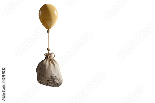Luftballon trägt schweren Stein als Symbol für Belastung PNG mit transparentem Hintergrund

