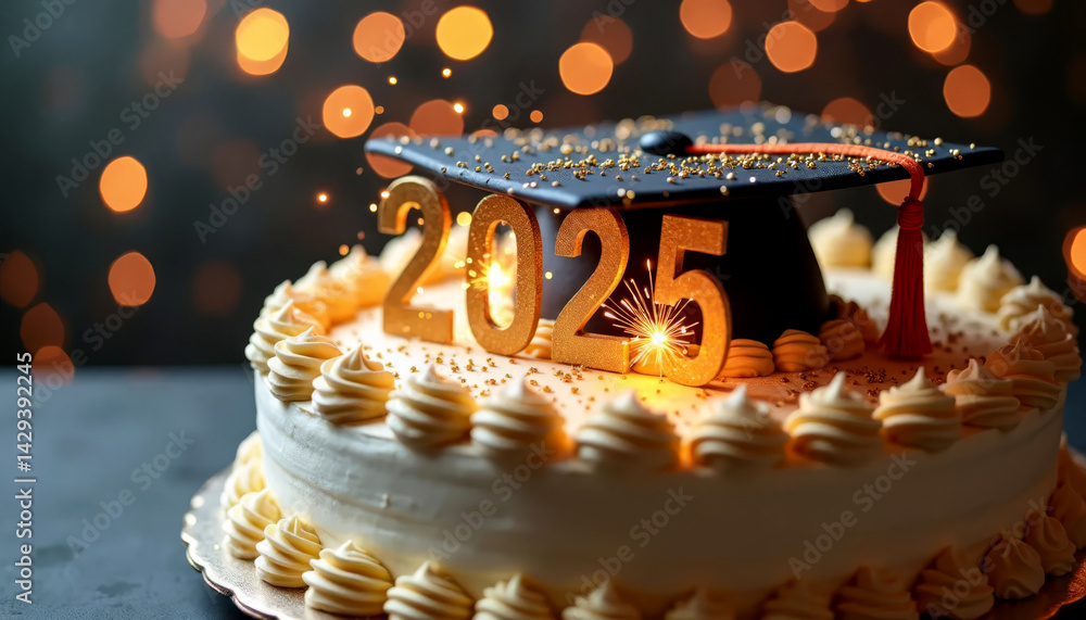 Celebration cake with graduation cap, 2025 and festive decorations for academic achievement.