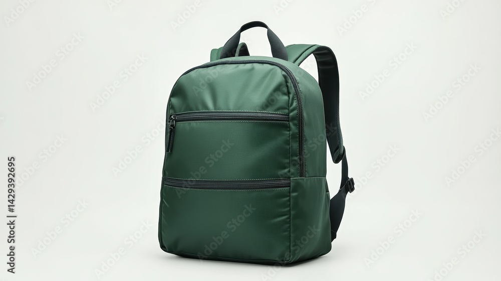Naklejka premium Bold graphic green backpack with minimalist design, ergonomic back support, and smooth zipper closures, isolate on white background