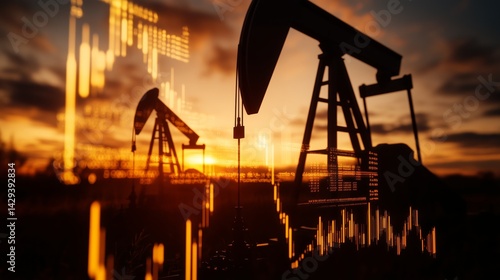 Double exposure of oil pumpjacks in a field with stock market