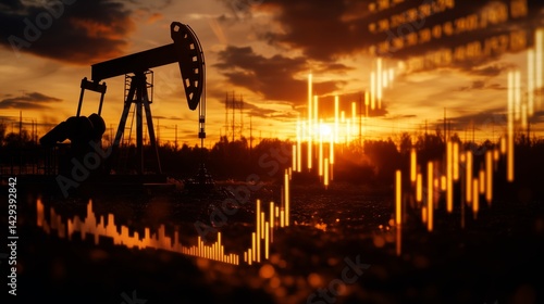 Double exposure of oil pumpjacks in a field with stock market