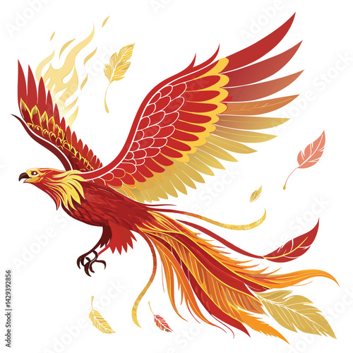 A majestic, phoenix-like firebird with vibrant plumage soars gracefully through a dramatic sunset sky, its wings outstretched.  Render in high detail.