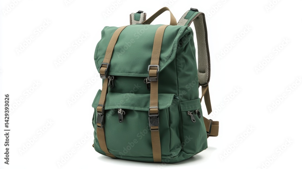 Green backpack with bold graphic lines, ergonomic shoulder straps, and large main compartment, isolate on white background Green backpack with bold graphic lines, ergonomic shoulder straps, and large main compartment, isolate on white background
