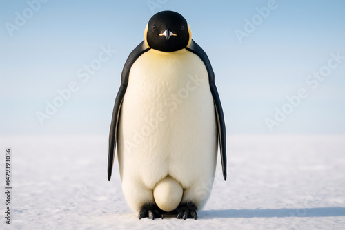An Emperor penguin stands upright on icy terrain with a single egg tucked safely under its body for warmth and protection.
