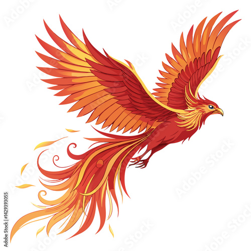 A majestic, phoenix-like bird, engulfed in flames, soars gracefully through a vibrant sunset sky.  Render in realistic detail.