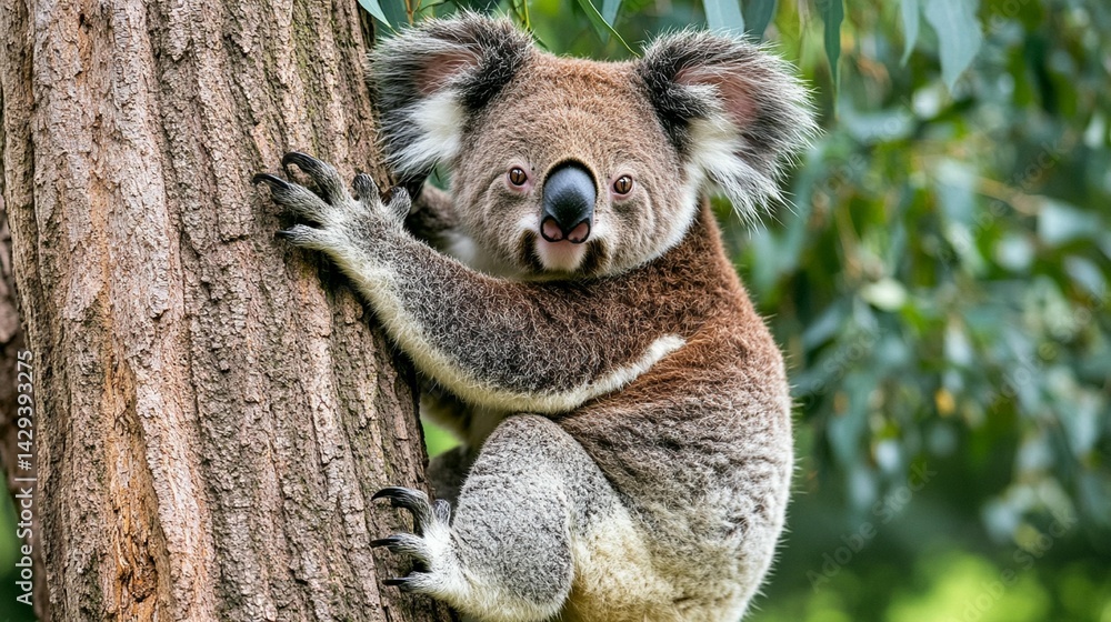 Naklejka premium Adorable koala clinging to tree trunk in lush greenery