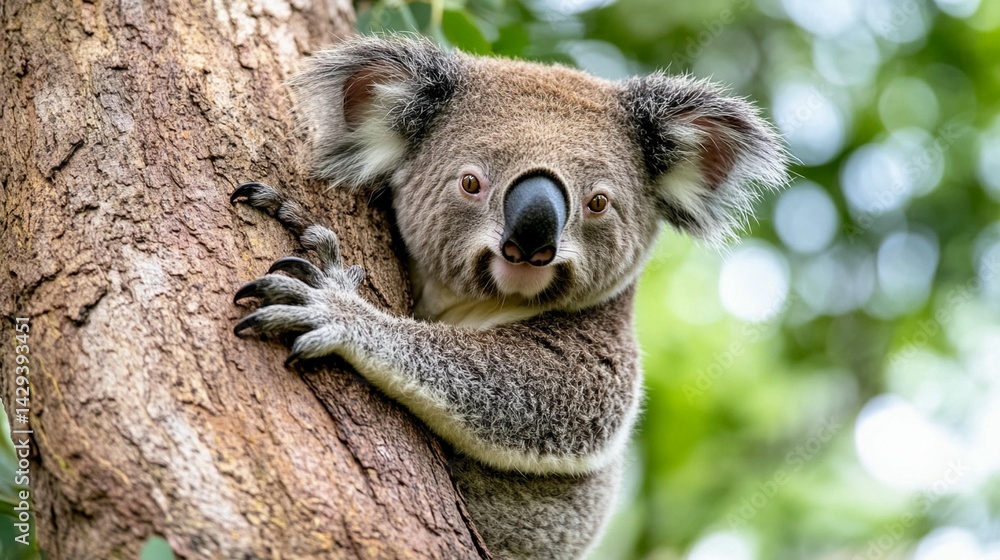 Obraz premium Adorable koala clinging to tree trunk wildlife photography