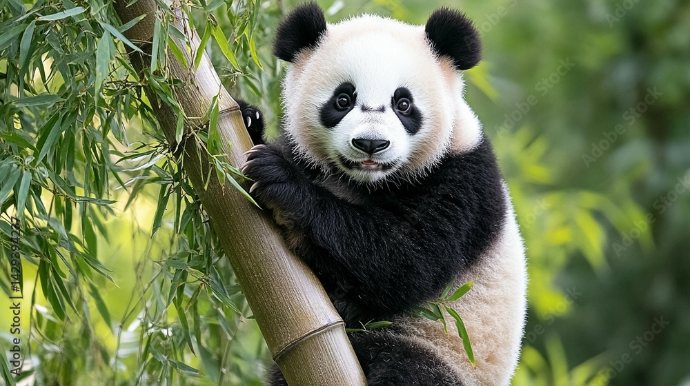 Obraz premium Adorable panda bear clinging to tree trunk in lush green forest