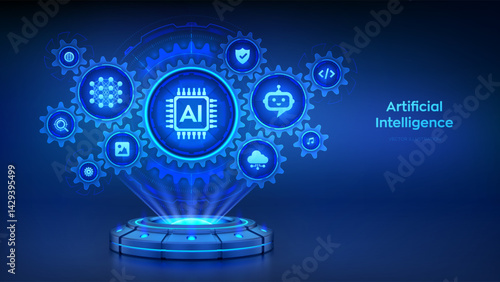 AI. Artificial intelligence technology concept. Holographic platform with glowing rays forming a projection of interconnected gears with icons. Neural networks. Machine learning. Vector illustration.