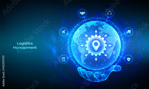 Logistics management. Smart logistics and transportation technology concept. Logistic global network distribution. Business of transport industrial. Earth planet globe in hand. Vector illustration.
