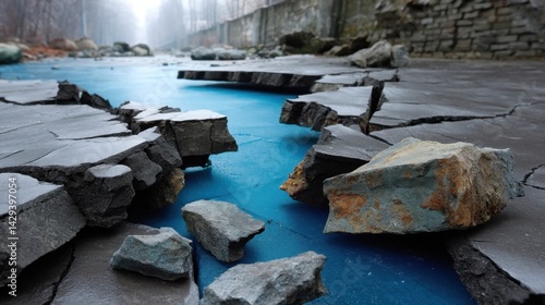 Wallpaper Mural Close-up of cracked asphalt with blue ice or frozen water running through the fissures in a winter outdoor setting Torontodigital.ca