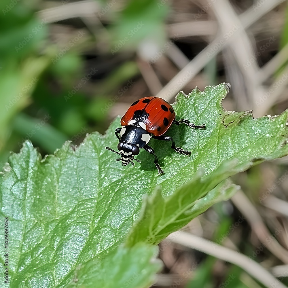 Fototapeta premium Closeup of Red Ladybug on Green Leaf in Nature