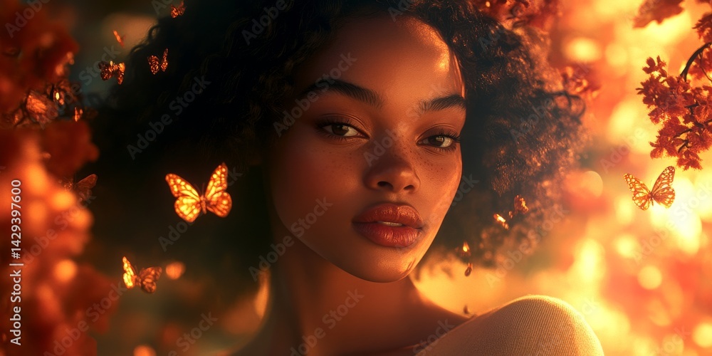 A stunning portrait of a young woman with curly hair surrounded by vibrant butterflies and flowers. The warm colors create an enchanting atmosphere. Ideal for artistic and nature themes. AI