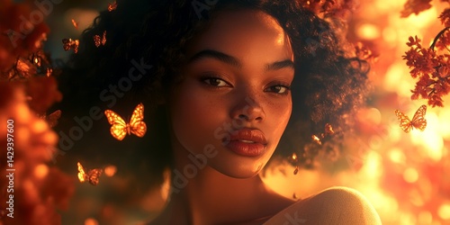 Obraz na płótnie A stunning portrait of a young woman with curly hair surrounded by vibrant butterflies and flowers. The warm colors create an enchanting atmosphere. Ideal for artistic and nature themes. AI w salonie