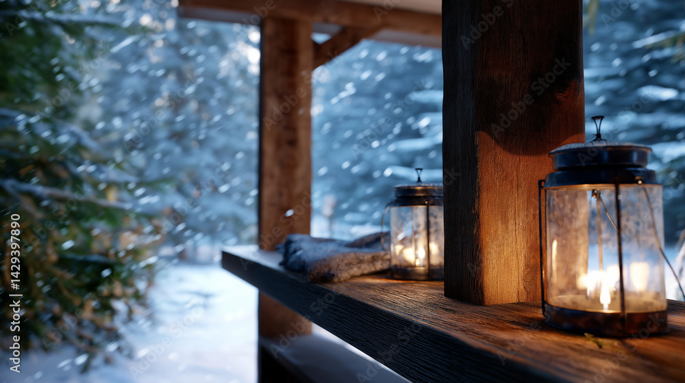 Obraz premium Cozy rustic cabin porch in snowy winter forest
