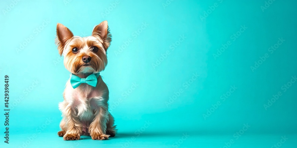 Adorable small dog wearing a charming blue bow tie. The bright turquoise background adds a fun and lively touch. Perfect for pet lovers and dog fashion. Capture a moment of joy and style. AI