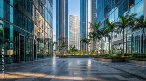 Modern city plaza between high-rise glass buildings.