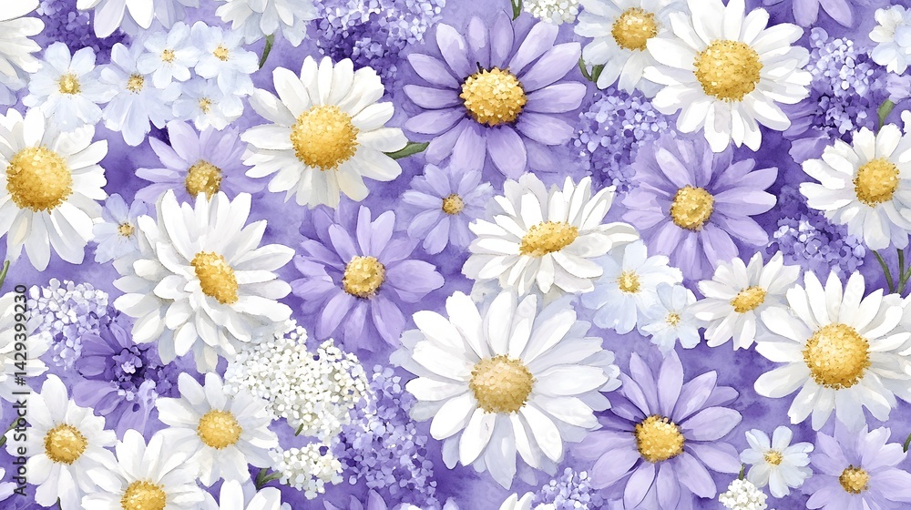 Obraz premium Watercolor Purple and White Daisy Flower Seamless Pattern