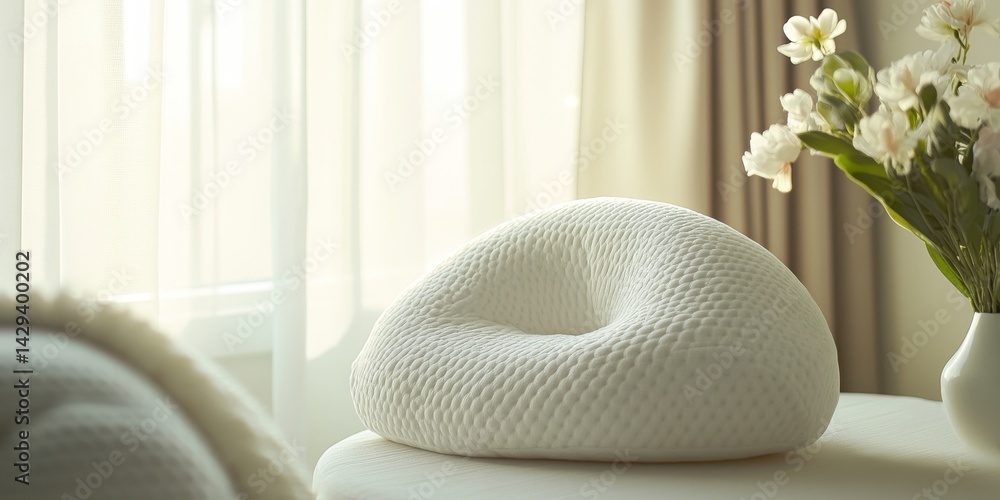 A soft white pillow rests elegantly on a table beside beautiful flowers. This cozy decor piece enhances a serene and inviting atmosphere. Perfect for home styling and comfort. AI