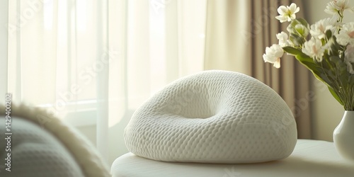 Obraz na płótnie A soft white pillow rests elegantly on a table beside beautiful flowers. This cozy decor piece enhances a serene and inviting atmosphere. Perfect for home styling and comfort. AI w salonie