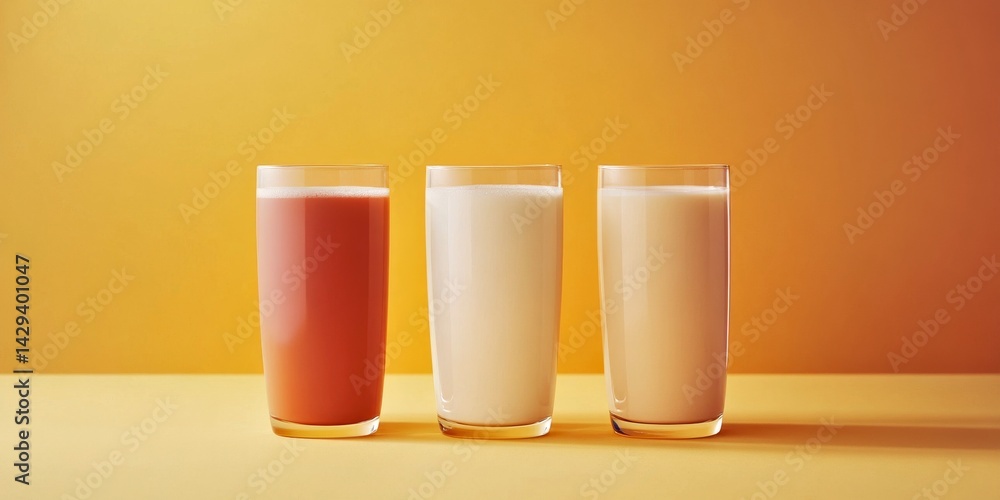 Three colorful drinks stand together against a bright yellow background. Each glass showcases a different flavor and texture. Perfect for a refreshing moment. AI