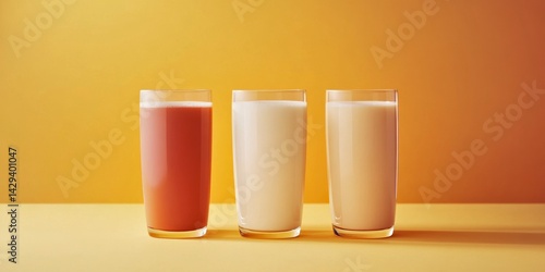 Obraz na płótnie Three colorful drinks stand together against a bright yellow background. Each glass showcases a different flavor and texture. Perfect for a refreshing moment. AI w salonie