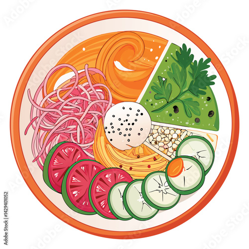 Vivid, artistic photo of a gourmet fusion food plate showcasing vibrant colors and creative plating.  Emphasis on textures and diverse ingredients.