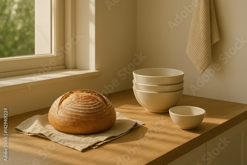 Modern Cottagecore Kitchen with Sunlight and Rustic Bread