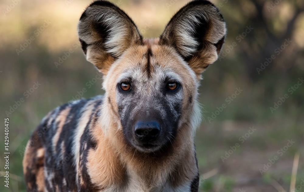 A close-up shot of an african wild dog face A close-up shot of an african wild dog face