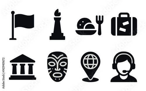 Cultural landmark and travel icon set – solid style tourism, heritage, and exploration symbols: flag, monument, meal, luggage, museum, mask, location, call center
