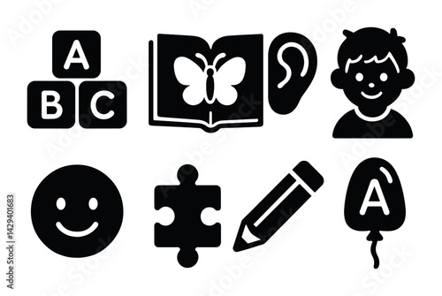 Early childhood education solid icons set – silhouette style learning, play, and development symbols for educational resources: alphabet blocks, book, ear, child, smiley face, puzzle piece, pencil,