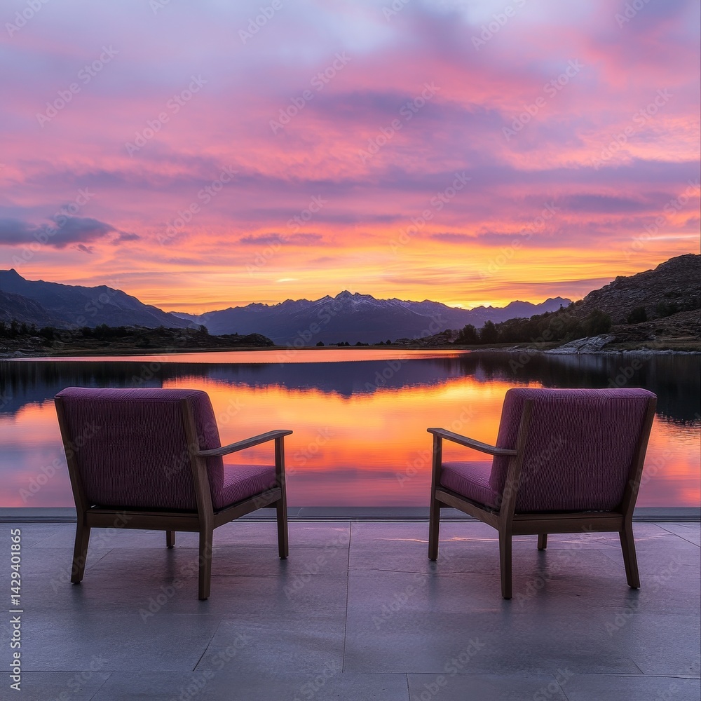 Two comfortable chairs by a peaceful lake at sunset. The colors blend beautifully in the sky. This image captures tranquil moments in nature. Perfect for relaxation and inspiration. AI