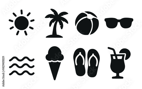 Summer beach silhouette icons set – filled style vacation, seaside, and relaxation symbols for holiday planning: sun, palm tree, beach ball, sunglasses, waves, ice cream, flip flops, cocktail.