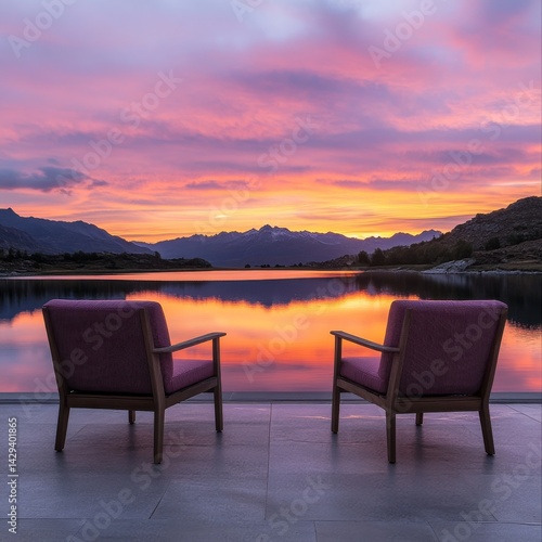 Obraz na płótnie Two comfortable chairs by a peaceful lake at sunset. The colors blend beautifully in the sky. This image captures tranquil moments in nature. Perfect for relaxation and inspiration. AI w salonie