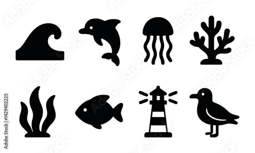 Ocean life solid icons set – filled style marine, wildlife, and nautical symbols for coastal projects: wave, dolphin, jellyfish, coral, seaweed, fish, lighthouse, seagull.