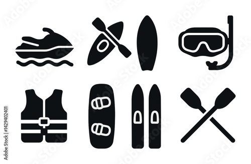 Water sports silhouette icons set – solid style aquatic adventure and recreation symbols: jet ski, kayak, surfboard, snorkel, life vest, wakeboard, water skis, paddles