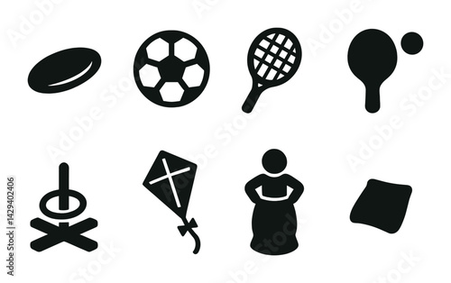 Recreational sports icons set – solid style games, activities, and leisure symbols: frisbee, soccer ball, tennis racket, ping pong paddle, ring toss, kite, dancer, beanbag