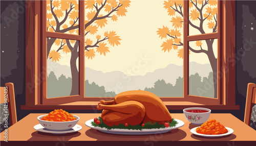 Thanksgiving feast with roasted turkey and autumn scenery  