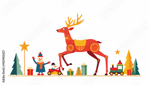 Festive reindeer walking with snowman and toys surrounded by gifts  