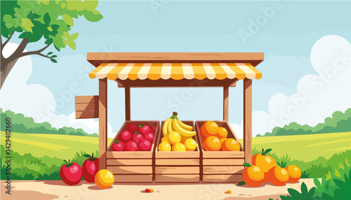 Fruit stand with colorful fruits in a sunny countryside  