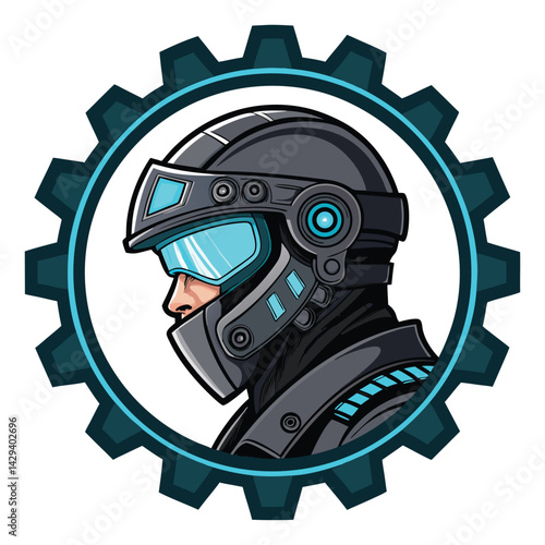 Create a detailed illustration of a futuristic soldier's head, showcasing a glowing blue visor, intricate helmet design, and advanced technological elements.