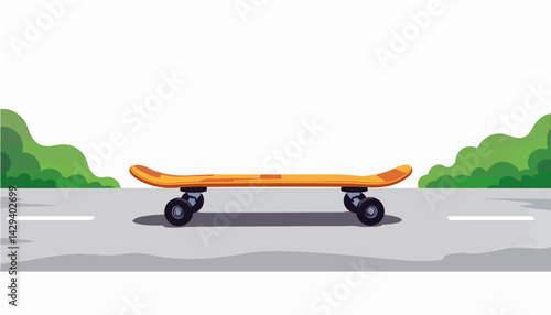 Skateboard on a street with green trees in a minimalistic style  