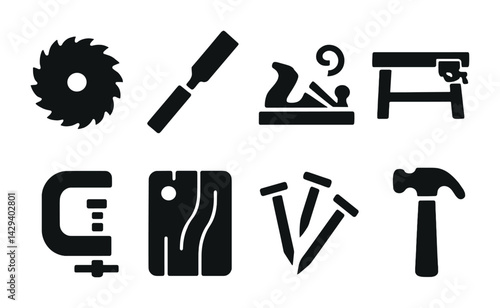 Carpentry tools solid icon set – silhouette woodworking, diy, and craftsmanship symbols for builders: saw blade, chisel, plane, workbench, clamp, wood board, nails, hammer.