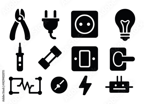 Electrical tools and devices icon set – solid style energy and power symbols for engineering projects: pliers, plug, socket, bulb, switch, circuit, voltage, connector.