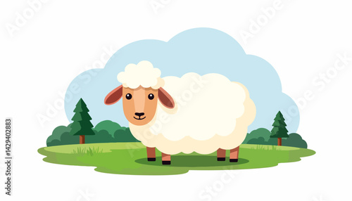 Cartoon sheep standing in a green field with a blue sky  