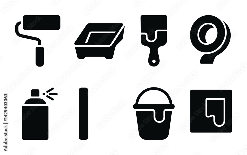 Home renovation tools icon set – solid style diy, maintenance, and improvement symbols for home projects: paint roller, tray, brush, tape, spray can, plank, bucket, paint sample.