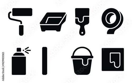 Obraz na płótnie Home renovation tools icon set – solid style diy, maintenance, and improvement symbols for home projects: paint roller, tray, brush, tape, spray can, plank, bucket, paint sample. w salonie