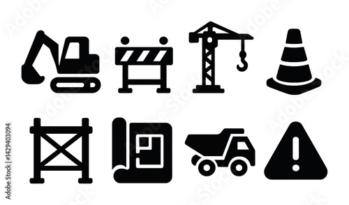 Construction site solid icon set – filled style building, engineering, and safety symbols for project planning: excavator, barrier, crane, cone, blueprint, truck, warning.